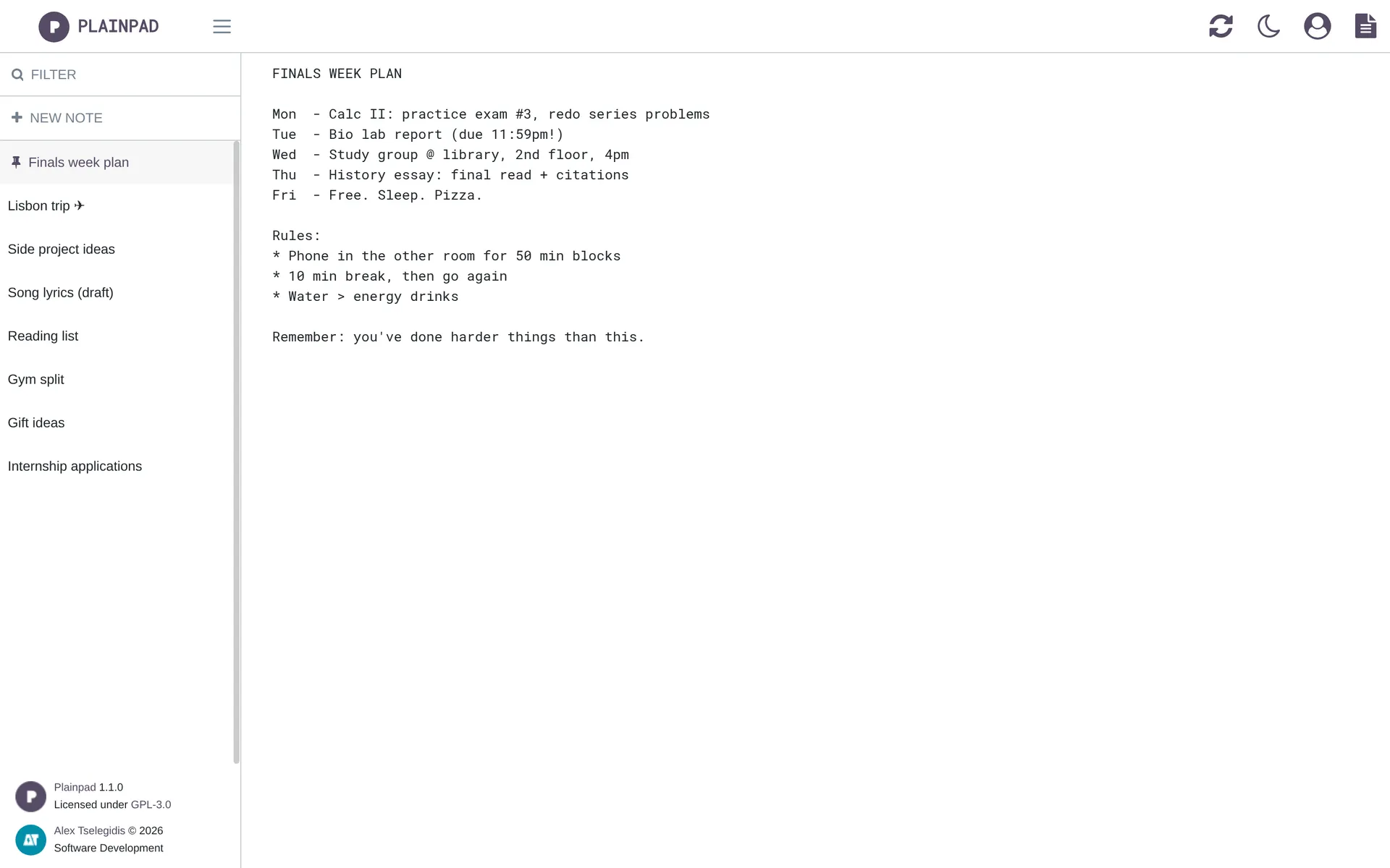 Plainpad desktop app with a pinned finals-week study plan open in the editor